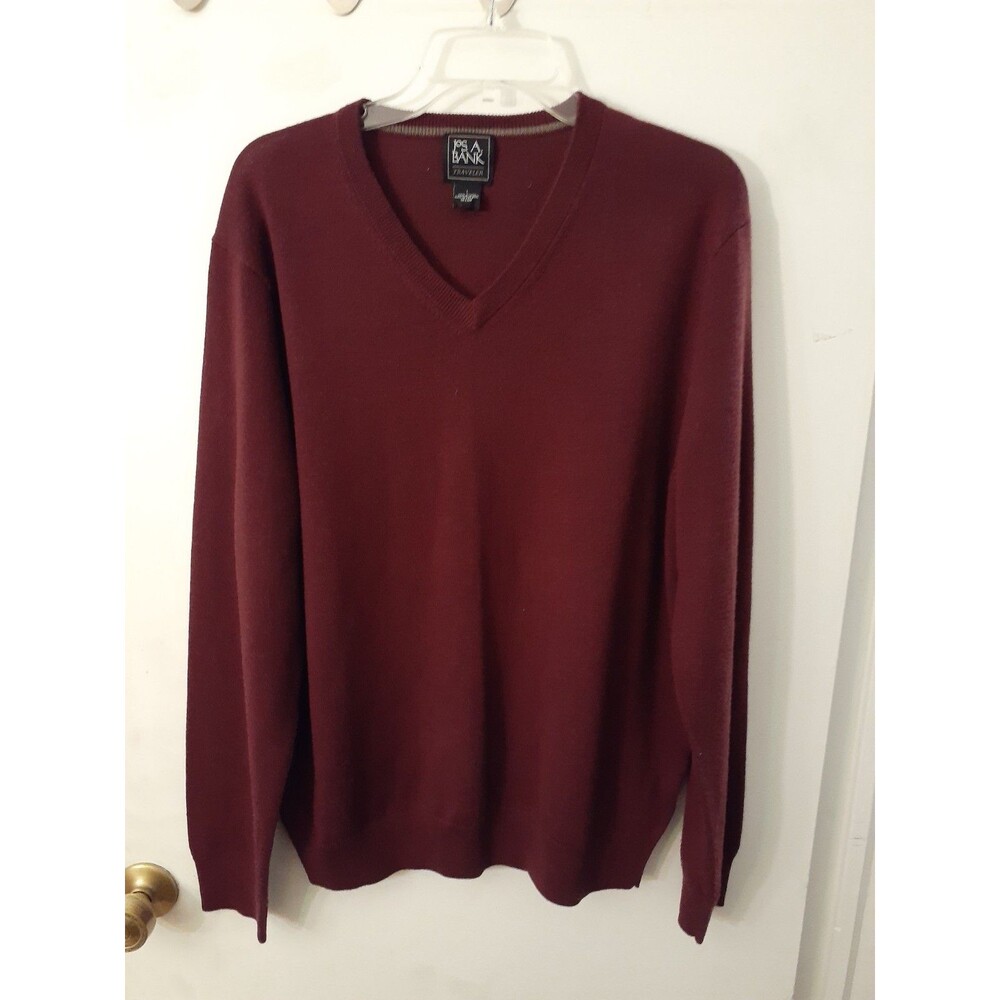 Jos. A. Bank V-Neck Sweater Mens Large Burgundy 100% Merino Wool